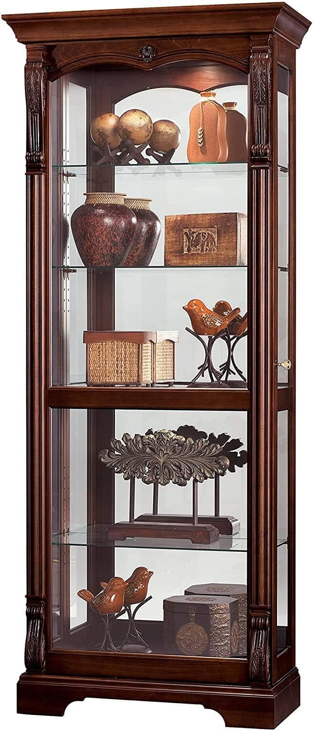 Howard Miller Bernadette Curio Cabinet 680-501 – Hampton Cherry Finish, Heavily Distressed Home Decor, Four Glass Shelves, Five Level Display Case, Locking Slide Door, Halogen Light