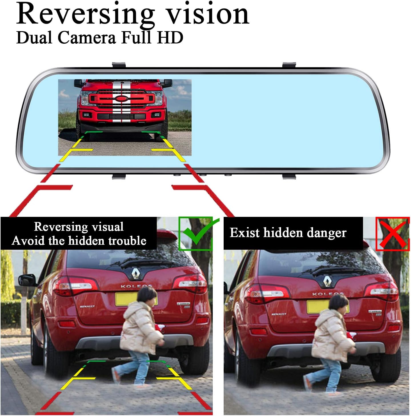Backup Camera for Car 4.3'' Monitor License Plate Rear View Mirror Camera, HD 1080P Easy Installation System for Cars, Trucks, Minivans, SUVs, LED Lights Clear Night Vision - AMTIFO A1