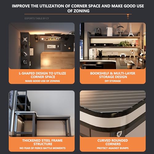L-Shaped Gaming Desk with Storage, Large Wood Desk for Home Office and Gaming, Space-Saving Corner Computer Table with Multiple Shelves and Steel Frame, Ideal for Bedroom(Left,63.0*47.2*29.5in