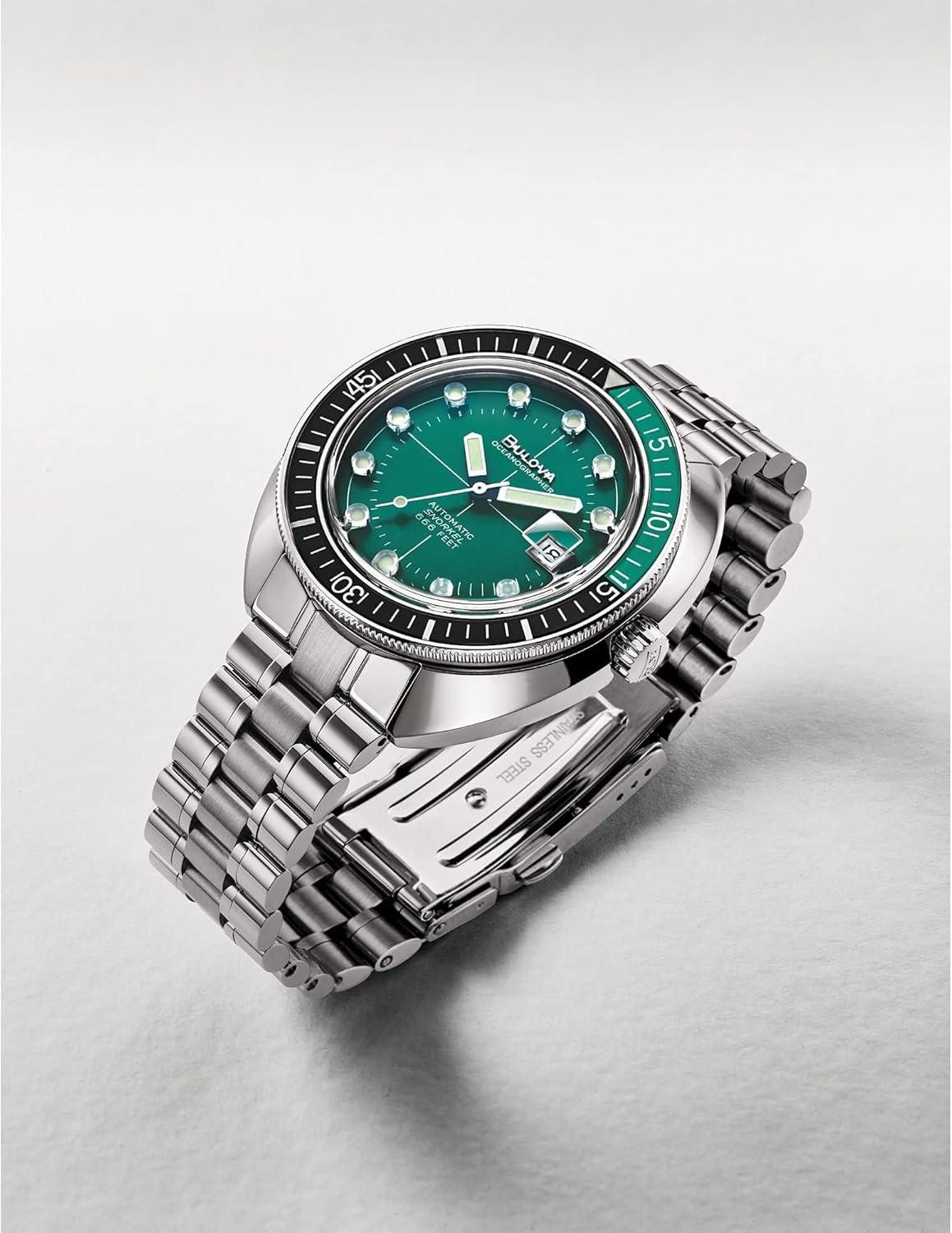 Bulova Men's Oceanographer Stainless Steel 3-Hand Automatic Watch, Green Dial Style: 96B322