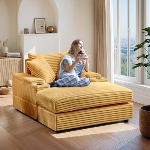 Oversized Chaise Lounge Chair Indoor with Ottoman,43.3" W Corduroy Upholstered Modern Sofa Couch with Storage Spaces&Cup Holder,Comfy Reclining Sleeper Chair for Living Room,Office(Green)