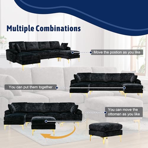 Modern Sectional Sofa, U-shaped Sofa Couch Furniture Sets with 2 Pillows, 4 Seat Sofa with Ottoman for Living Room, Hotel, Purple-A