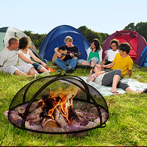 Outdoor Fire Pit Spark Screen Cover Accessory, 36In Patio Round Easy-Opening Fire Mesh Screen Guard, Heavy Duty Steel Firepit Ember Lid with Hinge