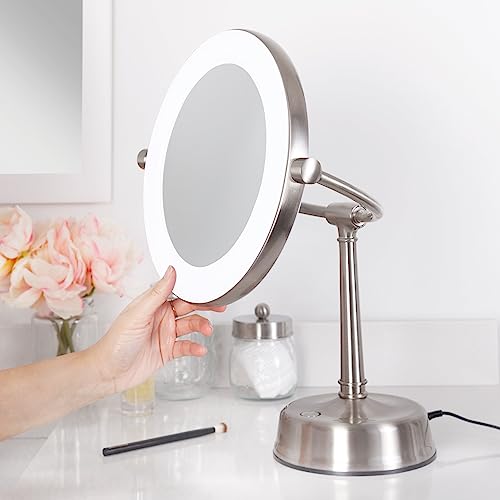 Zadro Lexington LED Lighted Makeup Mirror with Magnification Two-Sided Swivel Mirror with Lights for Makeup Desk Vanity (10X/1X, 12" W x 20" H, 10" Head, 7.5" Mirror, Satin Nickel)