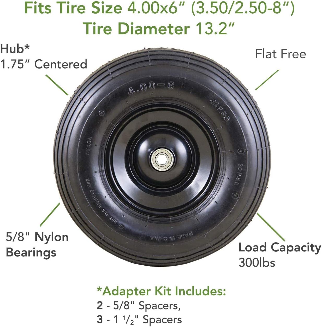 Marathon 00296 Easy Fit 4.00-6 Flat-Free Wheel Assembly for Residential Wheelbarrow, Black Pack of 2