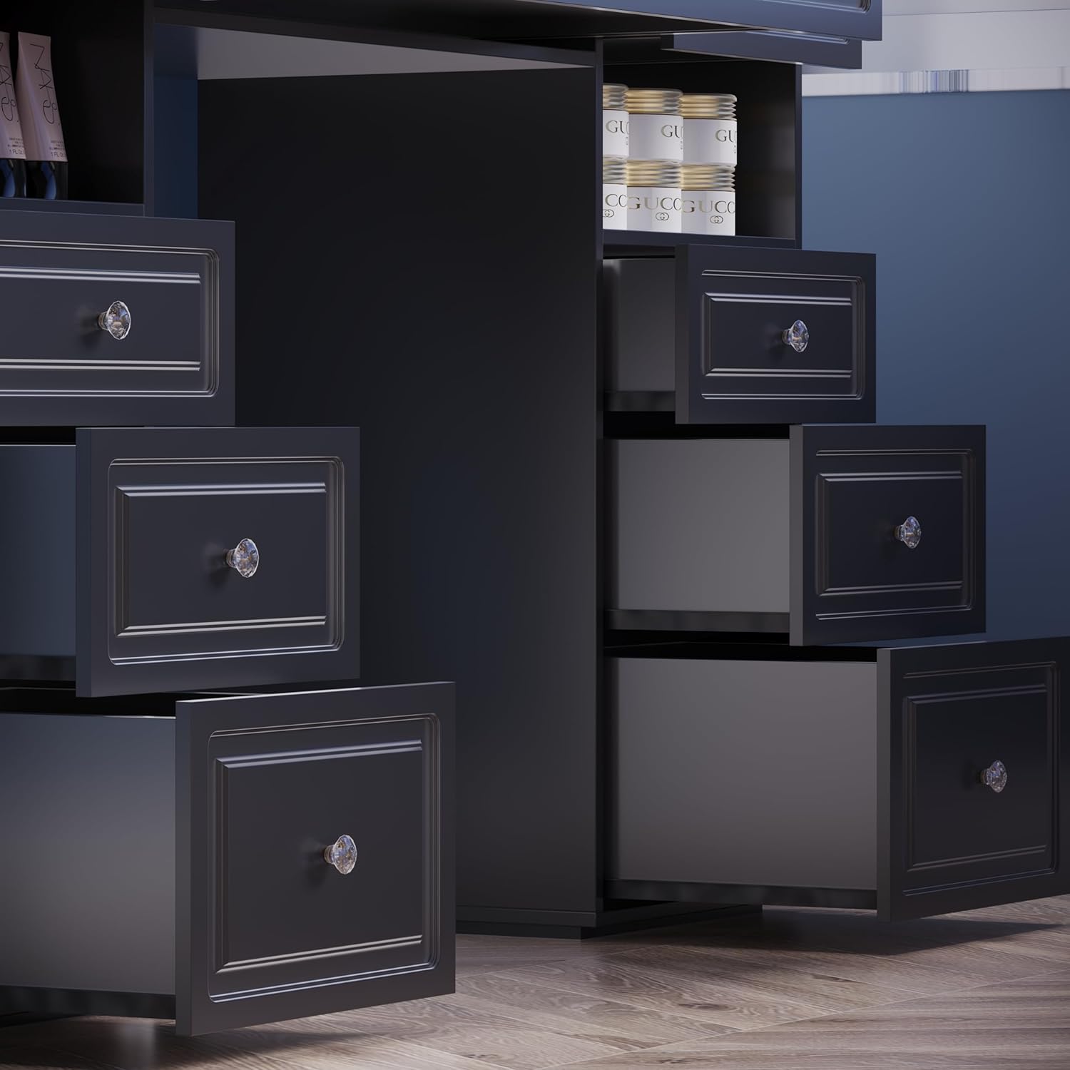 Extra Large Vanity Desk with Lighted Mirror,Huge Desktop Makeup Vanity Table with 9 Drawers,European Style Vanity, Crystal Ball Knobs, Carving Patterns Vanity Makeup Desk for Bedroom(Black)