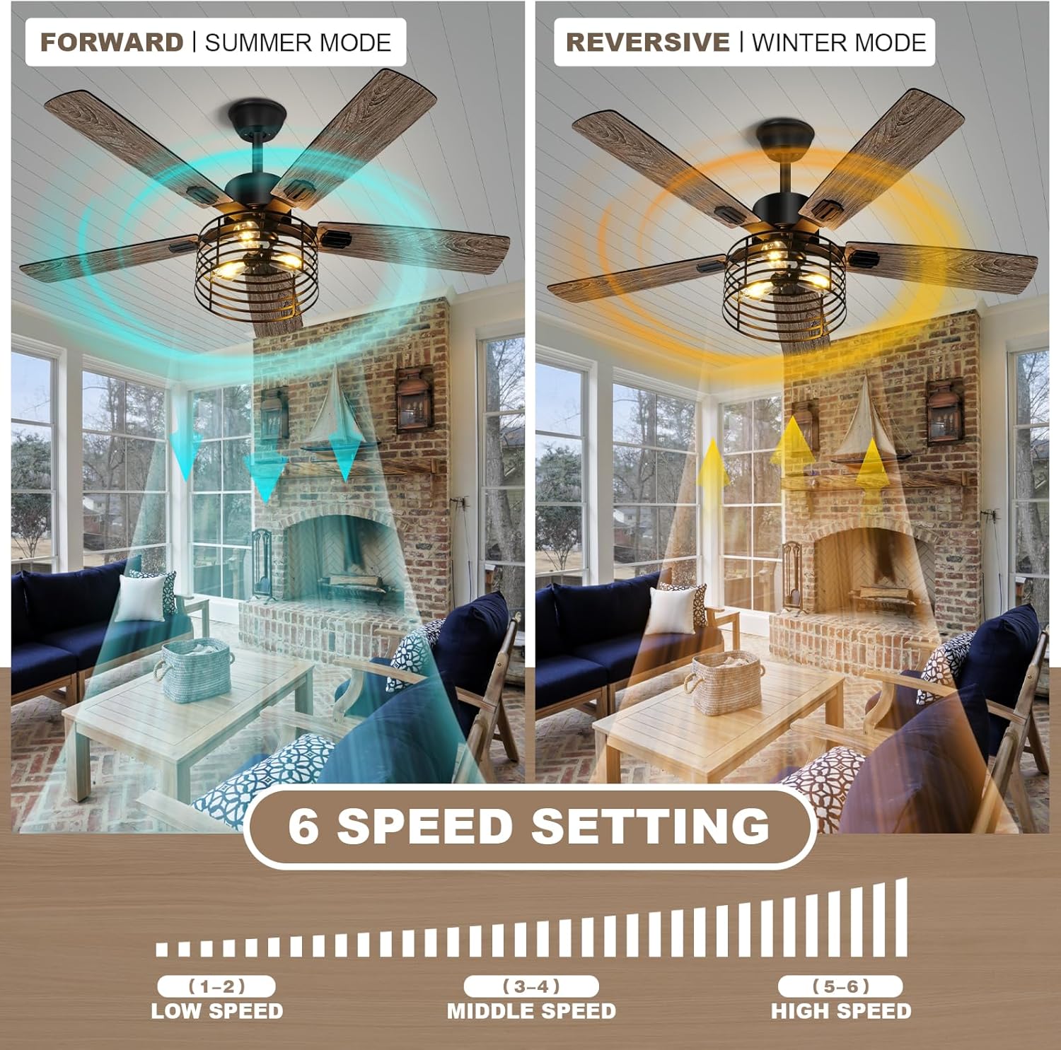 52 Inch Farmhouse Ceiling Fan with Light and Remote,3-Lights Rustic Ceiling Fan with Caged Ceiling Fan,5 Dual Finish Blades,Industrial Black Ceiling Fan for Bedroom, Patio, Living Room