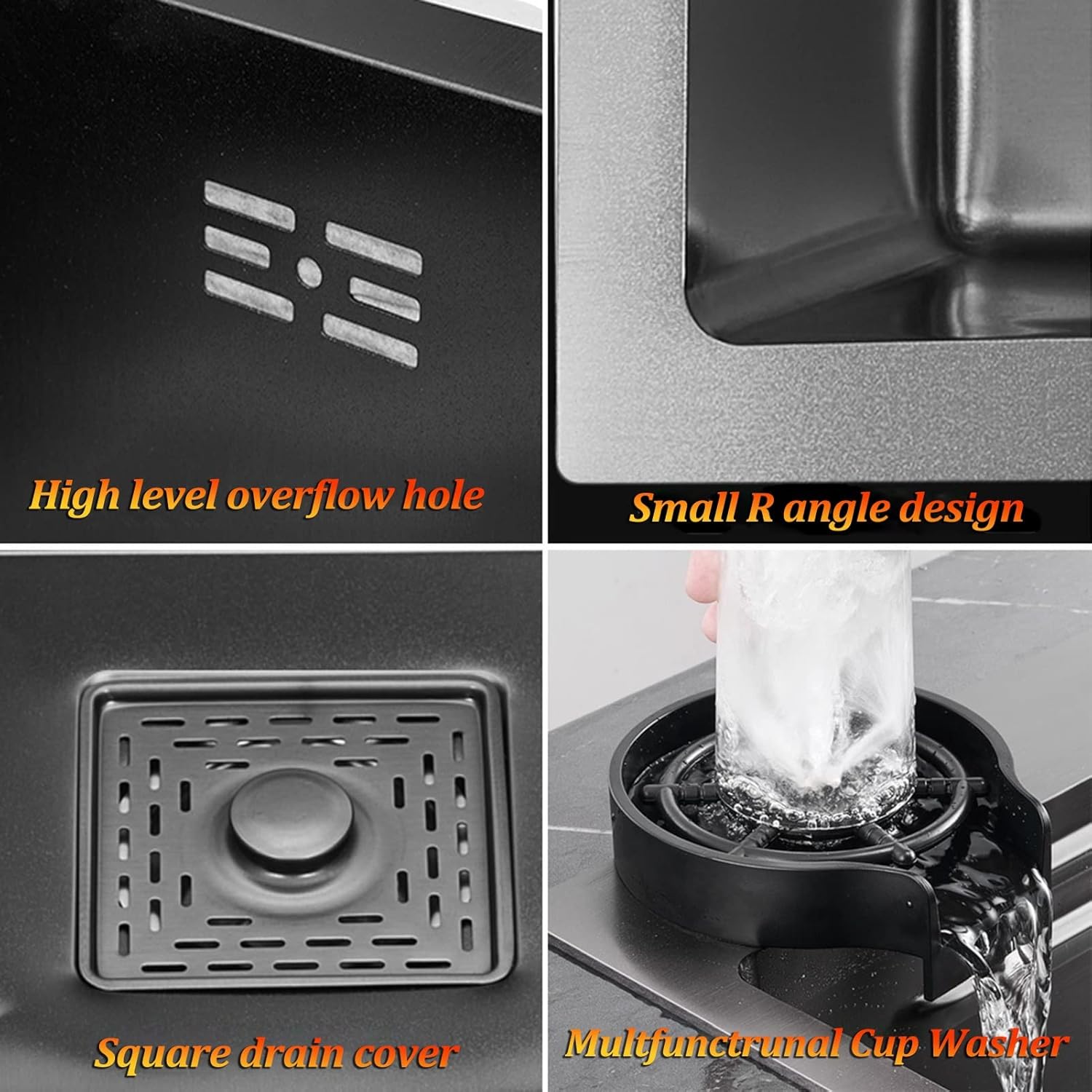 Kitchen Sink,New Stainless Steel Waterfall Sink,Bar Sink, 304 Stainless Steel Sink, with Cup Washer Sinks, Drop-in Or Undermount Installation (Black Grey)