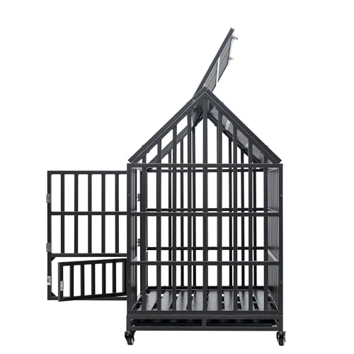 Heavy Duty Dog Crate, Indestructible Metal Dog Kennel with Pointed Roof Lockable Wheels for Medium Large Dogs, with Sturdy Door Lock and Removable Trays, Roof Top Access,48 inch