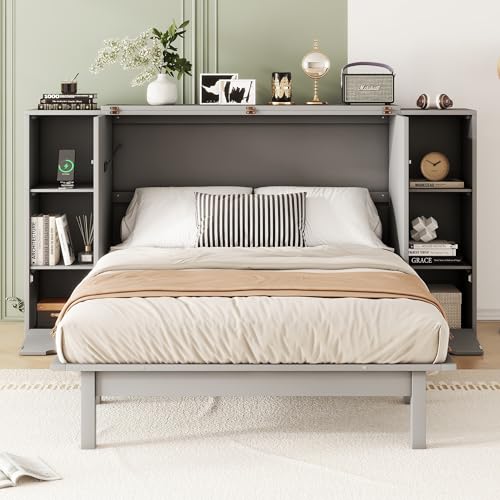 Modern Full Size Murphy Bed with Bookcase on Each Side, Solid Wood Mobile Murphy Chest Platform Bed with Drawers and USB Ports for Guest Room Home Office (White-F0)