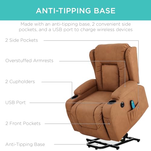 Best Choice Products PU Leather Electric Power Lift Chair, Recliner Massage Chair, Adjustable Furniture for Back, Legs w/ 3 Positions, USB Port, Heat, Cupholders, Easy-to-Reach Side Button - Brown