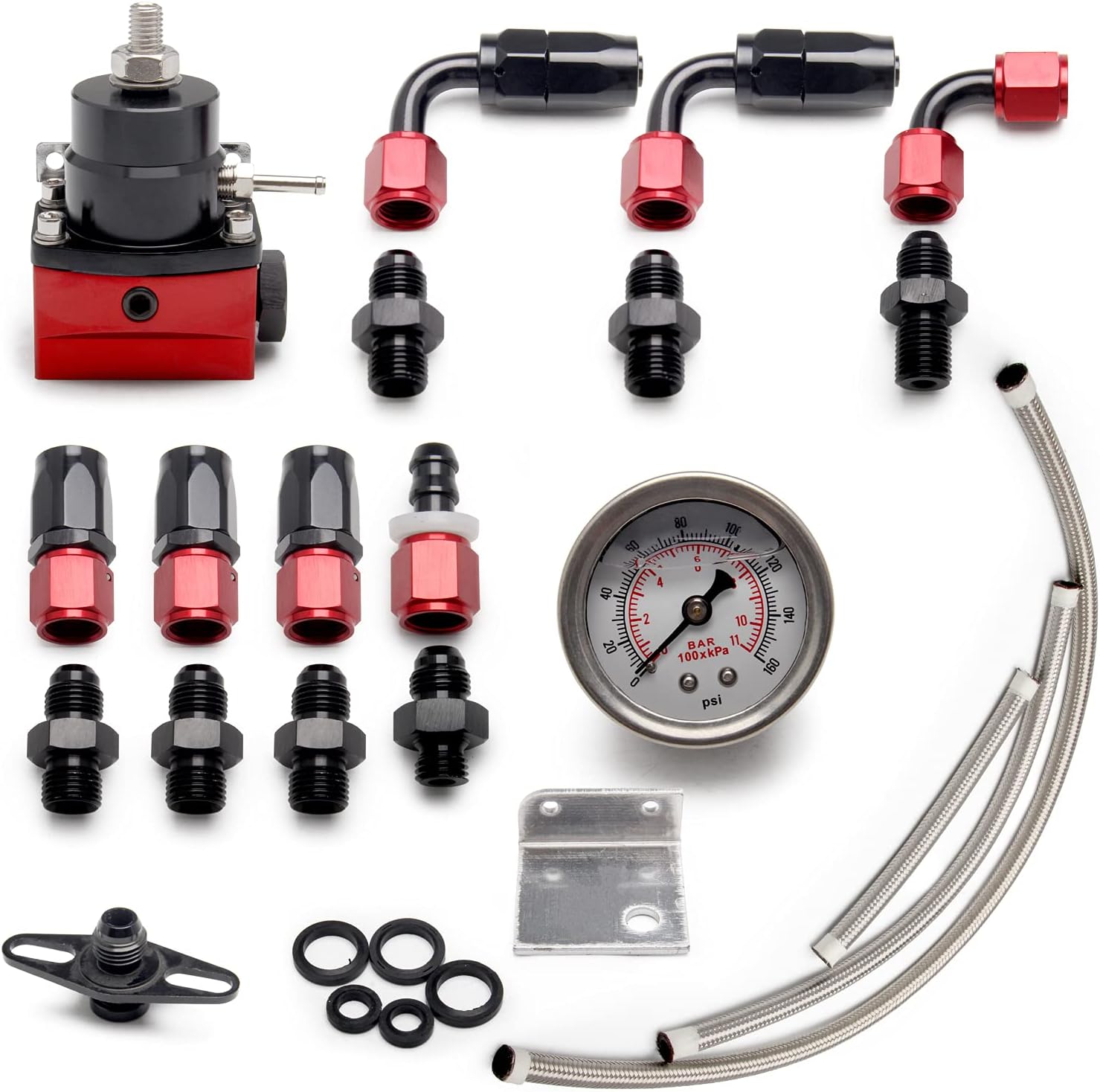 Somusen Aluminum Adjustable Universal EFI Fuel Pressure Regulator Kit with 0-100psi Pressure Gauge AN6-6AN Fuel Line Hose Fitting Connectors Kit Blue&Red Pack of 2