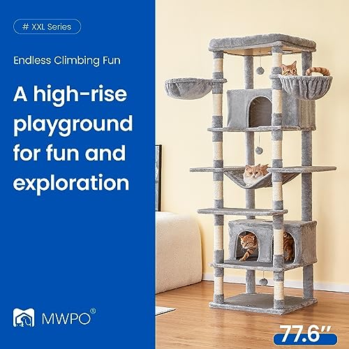 MWPO Extra Large Cat Tree, 77.6-Inch Tall Cat Tower for Indoor Cats with 2 Large Condos, Multi-Level Cat Stand for Large Cat with 3 Hammocks, Wide Perch, Scratching Posts, Dangling Toys, Beige