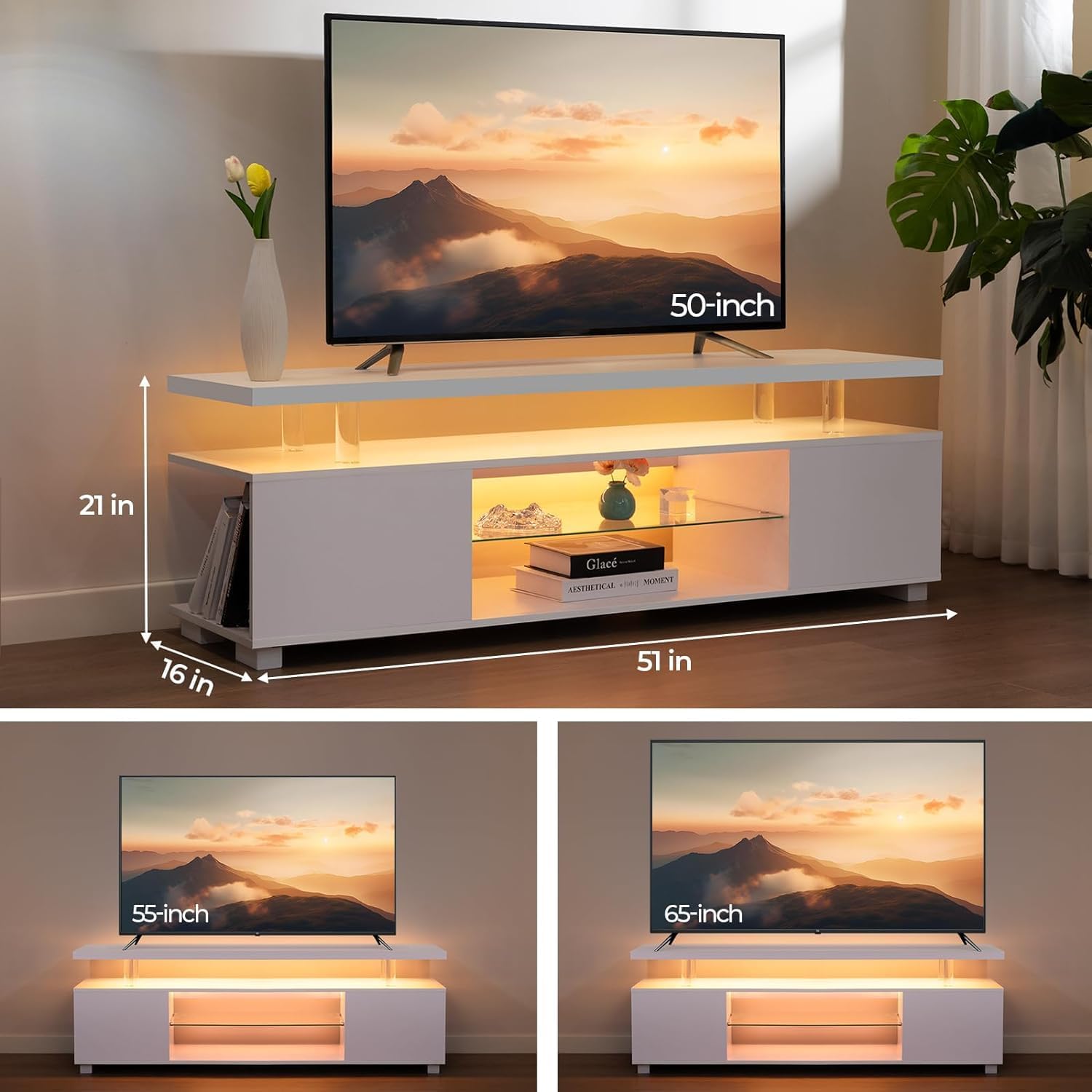 DMAITH TV Stand with LED Lights for 32/40/50/55 Inch TV, White Modern Entertainment Center TV Stand with Storage and Open Shelves, TV Console Cabinet