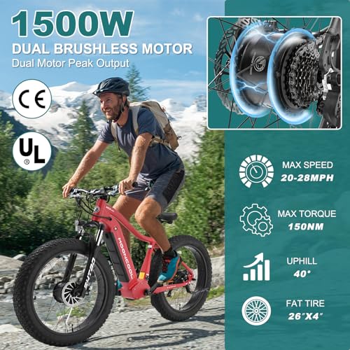 MOPHOTO Electric Bike for Adults, 26" x 4" Fat Tire Electric Mountain Bike with 48V 15Ah Removable Battery, Peak Power 1500W Aluminum Ebikes for Adults, 7 Speed Dual Motor Adult Electric Bicycles