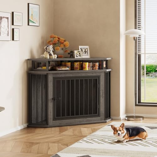 IRONCK 51" Corner Wooden Dog Crate Furniture with 2-Tier Shelves, Pet Kennel for Large Dogs, Space-Saving Dog Cage Indoor, Rustic Brown (26.7" L x 51.2" W x 33.5" H)
