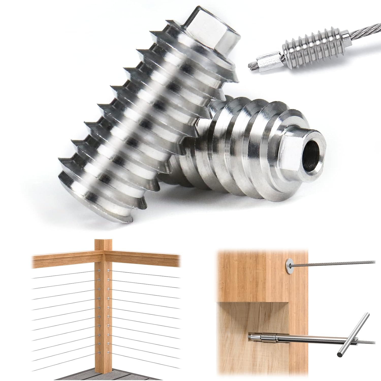 Muzata 20Pack 1/8" Invisible Cable Railing Kit Swage Lag Screw Cable Genie Tensioner Hidden T316 Stainless Steel for 4x4 6x6 8x8 Wood Posts Deck Stairs 10 Cable Lines CR73, CV1 CG1 Pack of 2