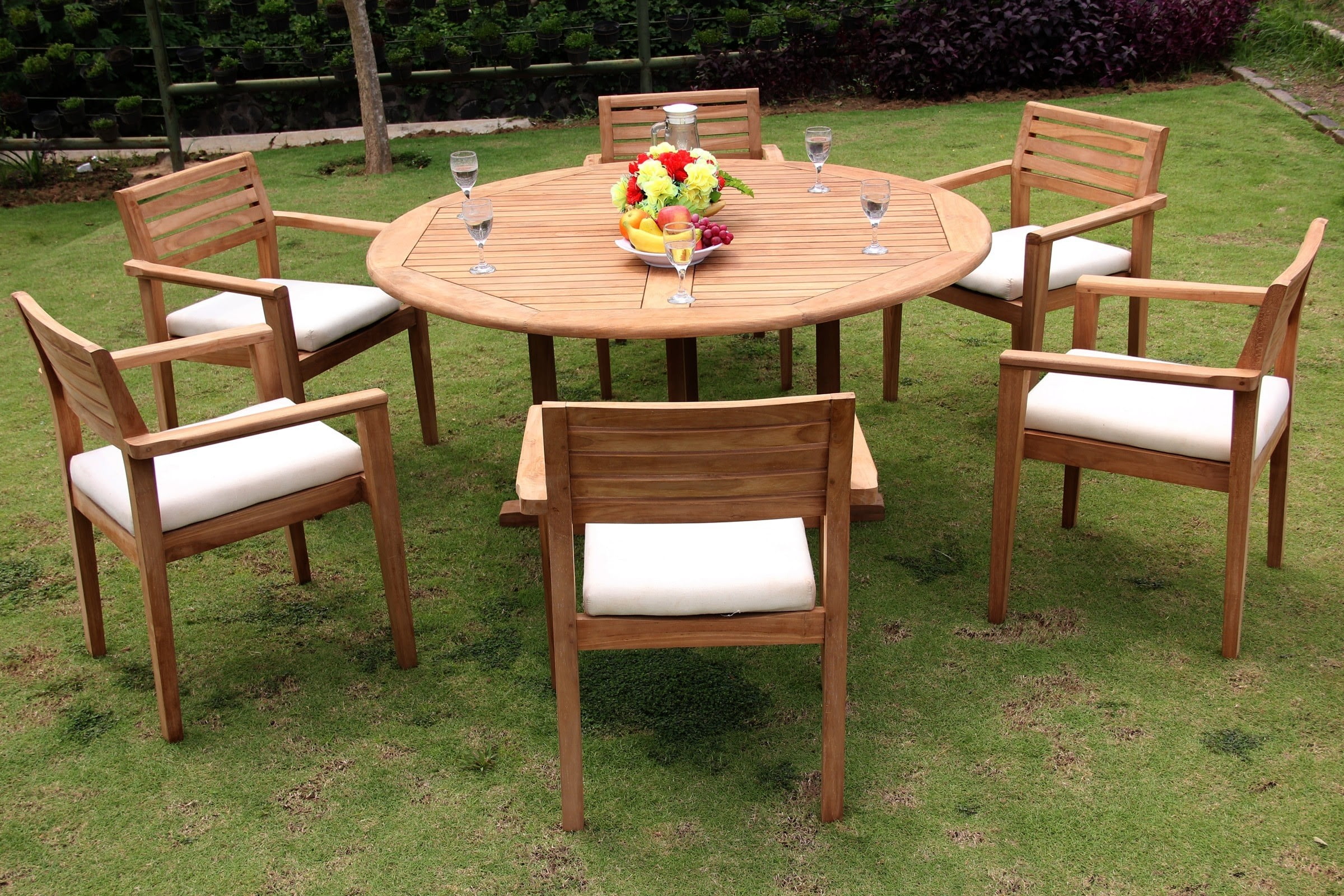 Teak Dining Set:6 Seater 7 Pc - 60" Round Table And 6 Montana Stacking Arm Chairs Outdoor Patio Grade-A Teak Wood WholesaleTeak #WMDSMT6