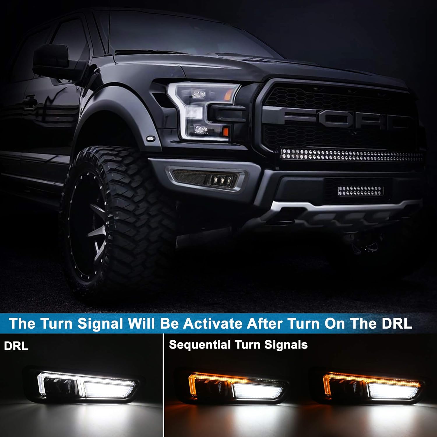 Ford Raptor Fog Lights, CJOVSE Amber Sequential Turn Signal White DR LED Bumper Fog Lights Compatible Smoke Housing with Gen 2 Ford Raptor 2017 2018 2019 2020