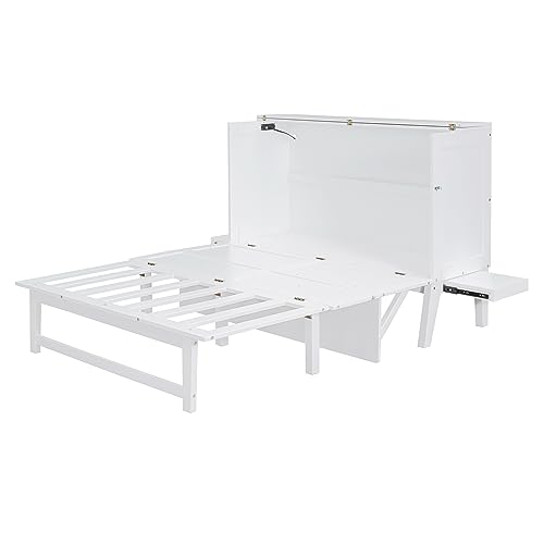 Queen Size Murphy Bed with Bookcase,Foldable Platform Bed Folded into Cabinet, Wood Murphy Bed Frame with Storage Drawer and Bedside Shelves Compatible with Bedroom,Small Space(White) ，Queen Bed