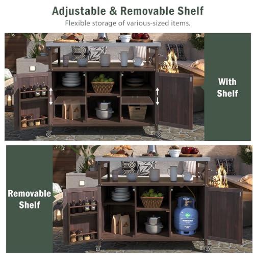 Outdoor Kitchen Island, Rolling Bar Cart & Storage Cabinet, Farmhouse Solid Wood Outdoor Grill Table with Stainless Steel Top, Spice Rack, Towel Rack for Kitchen & BBQ (Natural)