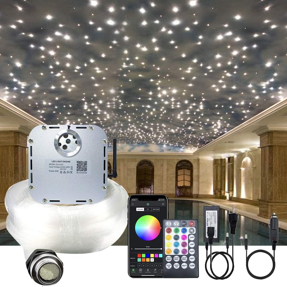 AKEPO Car Home Use 32W RGBW Twinkle+ Sound Activated+ APP Fiber Optic Lights Kit Star Ceiling Sky Light with Total 800pcs in 13.1ft/4m + 9.8ft/3m Long Optical Fiber Cable for Indoor or Interior Decor