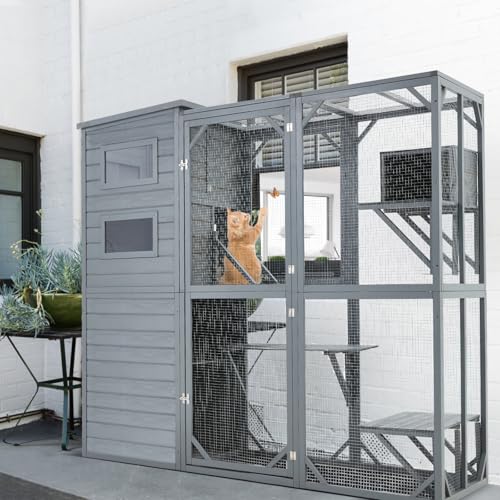Mdeam Large Catio Outdoor Cat Enclosure, 4 Tiers Indoor Cat House for Multiple Cats with Weatherproof Roof, 4 Resting Rooms, 4 Platforms, 5 Windows, 70" H 32" W 77" L, Grey Green