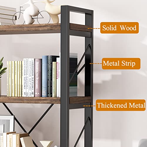 4 Tier Bookshelf Rustic Solid Wood Industrial Style Bookcase,Metal and Real Wood Vintage Bookshelf,Book Shelves Home Office, Retro Brown,Dark Matching credenza (4Tiers)