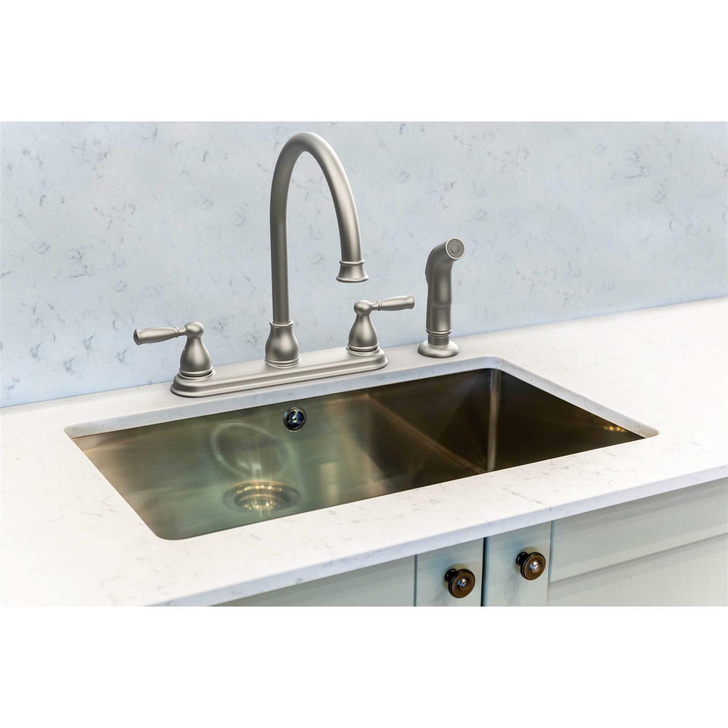 Project Source Brice Stainless Steel 2-Handle Deck-Mount High-Arc Handle Kitchen Faucet with Deck Plate 67129W-100802 - Shop Hardware Tools Online Store