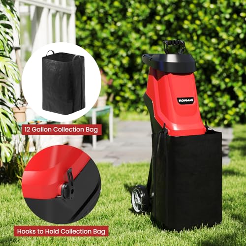 15 Amp Electric Wood Chipper Shredder, Corded Leaf Mulcher Shredder with Plunger, Collection Bag & 15:1 Reduction, Garden Shredder with Wheels for Branches, Leaves, Waste(Red)