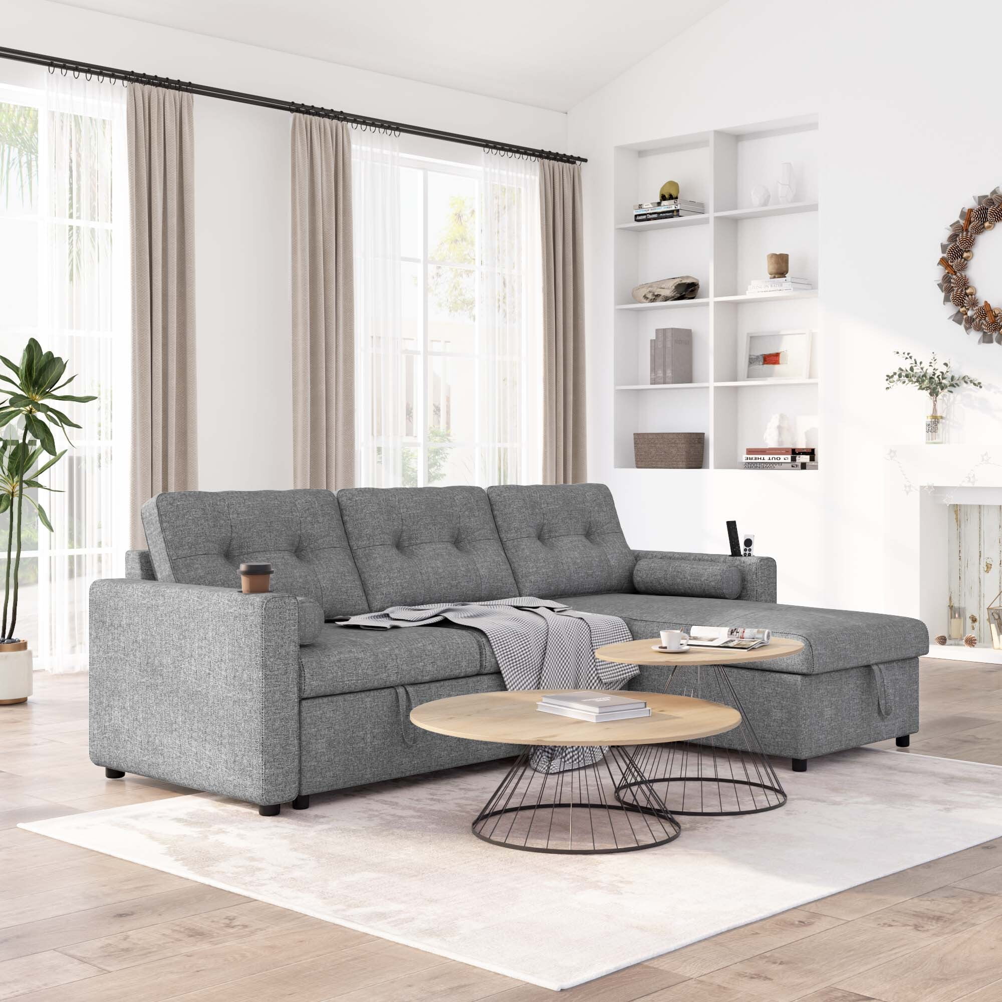 Soges Pull Out Sofa Bed L Shape Sofa with Storage Chaise, 3 Seater Sofa Bed with Cup Holders, Linen Fabric Couch for Living Room, 2 Pillows, Gray