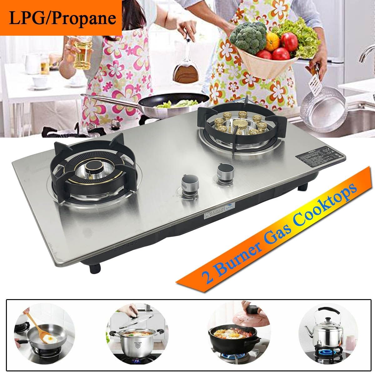 28 inch 2 Burners Cooktop, Built-in Stainless Steel StoveTop LPG Gas Hob with Thermocouple Protection for Outdoor, Kitchen, Camping, RV