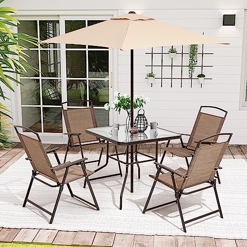 Pellebant 6PCS Patio Dining Set with Square Glass Table, 4 Folding Chairs and Patio Umbrella for Garden, Pool, Backyard, Outdoor, Indoor, Park, Patio, Poolside, Brown