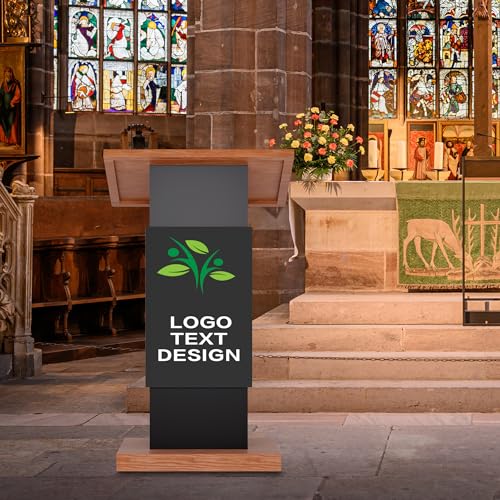 Customized Mobile Podium Stand-Personalized Logo& Text on Center Board, Portable Rolling Podium Business Wooden Lecture Podium Reception Desk Hostess Stand, Pulpit for Churches