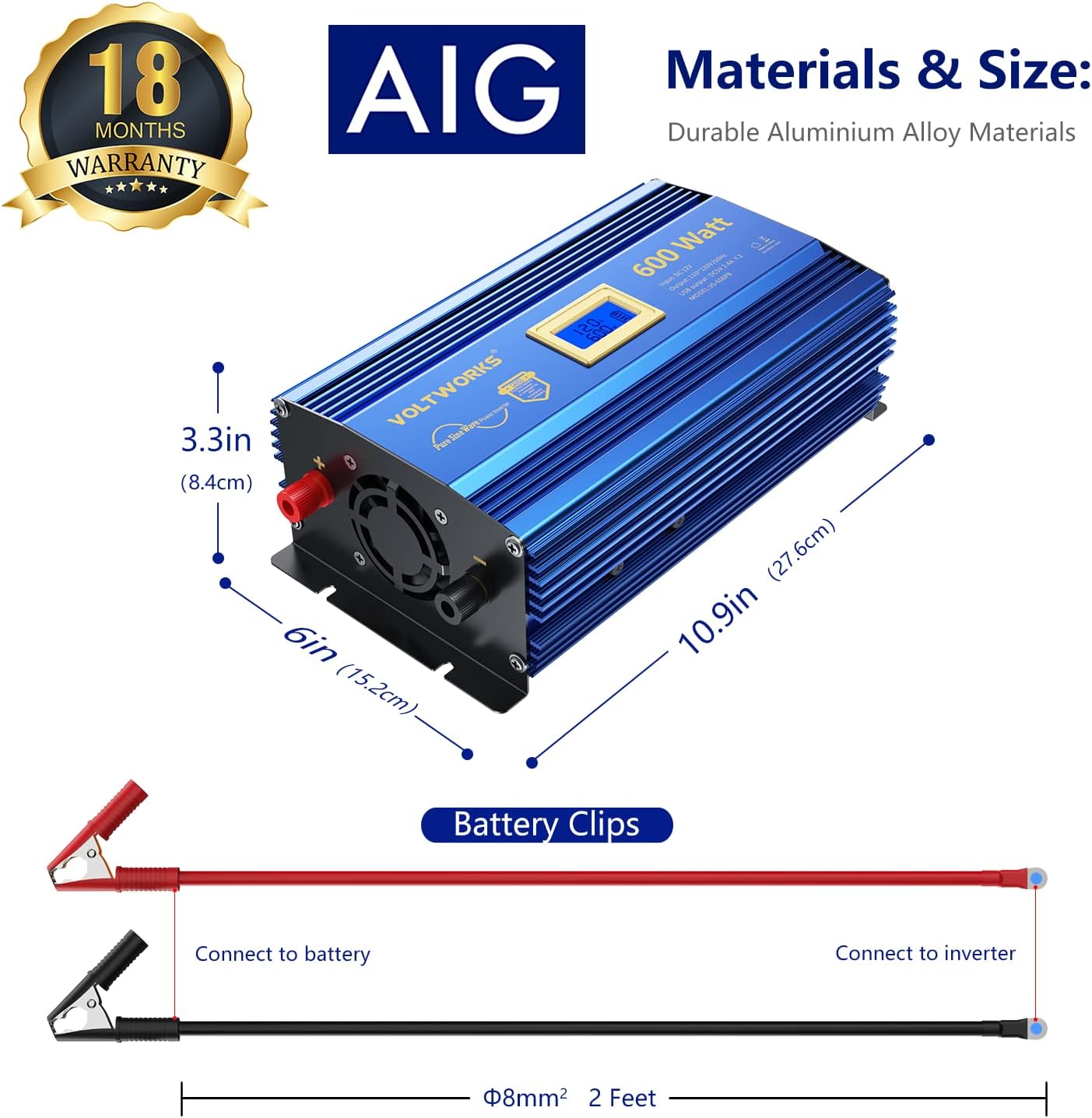VOLTWORKS 600 Watts Pure Sine Wave Power Inverter 600w DC 12V to AC 110V 120V with Dual 2.4A USB Port & LCD Display Two AC Outlets for Car Truck RV