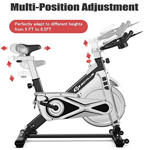Goplus Adjustable Exercise Bike, Stationary Silent Bicycle with Dual-Spring Shock Absorption Design, Real-time Heart Rate, Cup/Phone Holder and Electronic Display, Indoor Cycling Bike