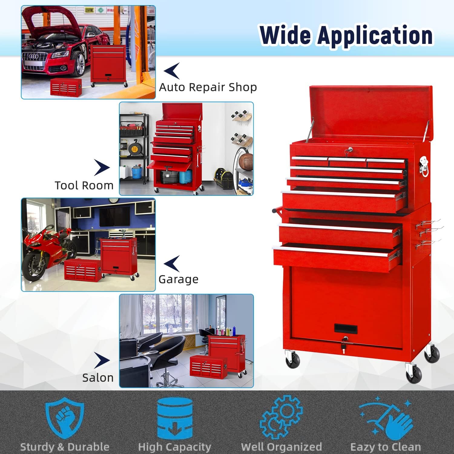 Tool Chest, 8-Drawer Rolling Tool Chest with Wheels, Detachable Red Metal Tool Cabinet with Lock Top Tool Box, for Garage, Warehouse, Workshops, Repair Shop