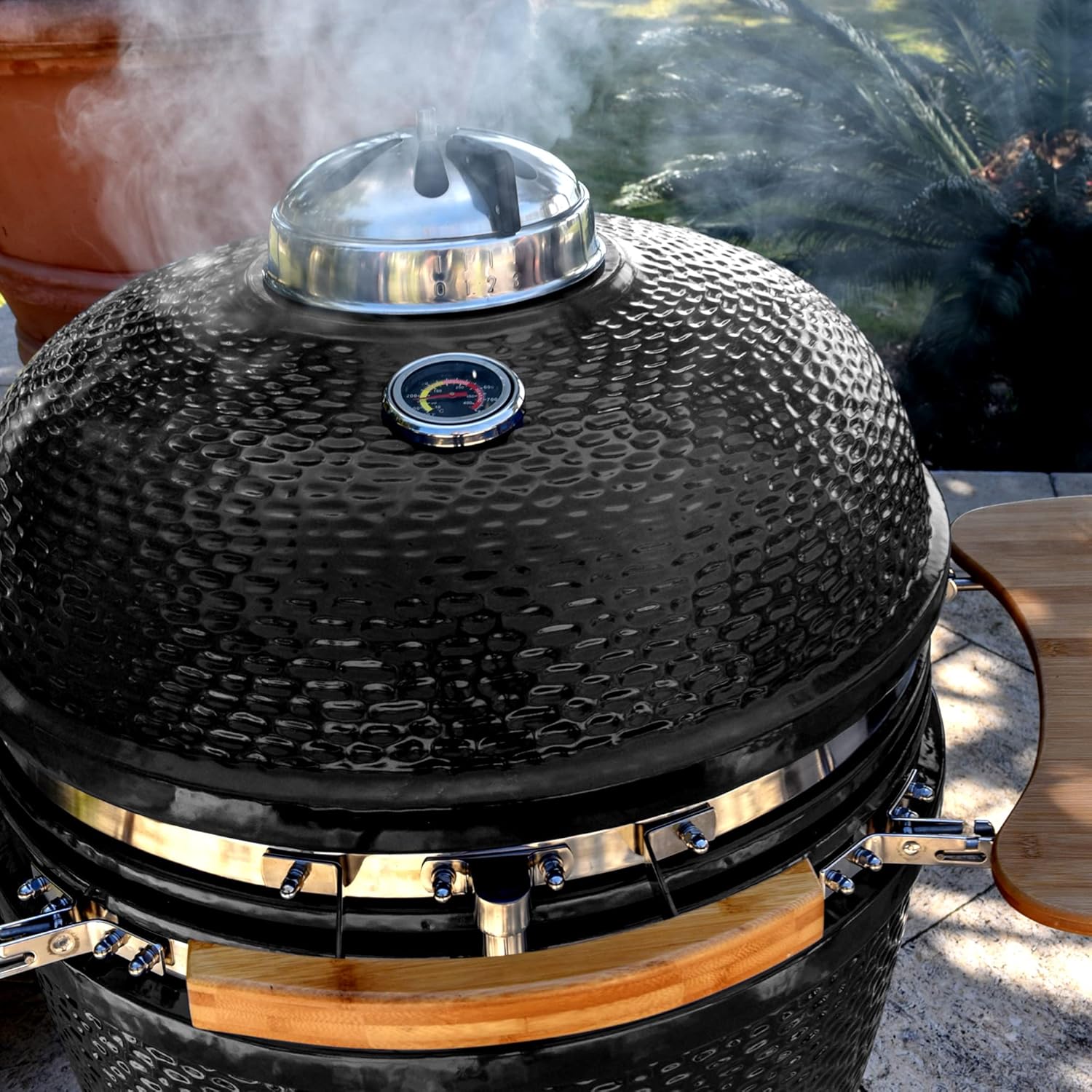 Lifesmart 15 Kamado, 6-In-1 Kamado Grill with Stainless Steel Cart, Includes Free Electric Starter, Grill Cover, Pizza Stone, Built-in Thermometer