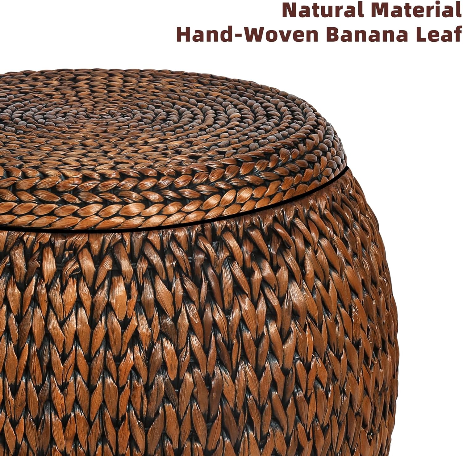 Round Sides Storage Ottoman Coffee Table,Ratten Swiveling Ottoman Bench, Bed Storage Trunk, Storage Basket,Side Table with Banana Leaf for Living Room,Hand Woven,Golden
