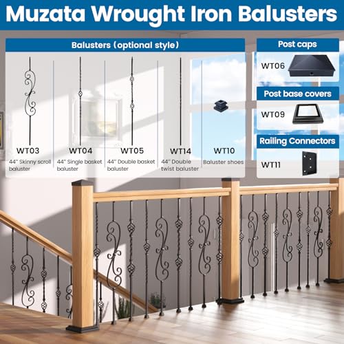 Muzata 50Pack 26" Aluminum Deck Balusters Round Black Deck Railing Stair Porch Staircase Spindles 3/4" Diameter Hollow for Wood and Composite Deck, WT02