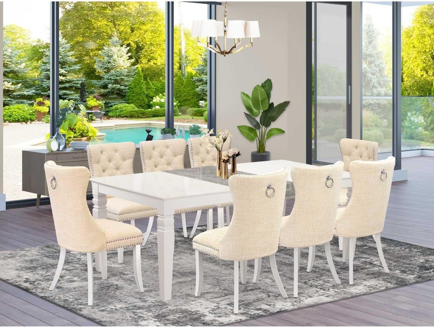 9 Piece Dining Set Includes A Rectangle Kitchen Table with Mediterranean Magic Leaf and 8 Padded Chairs, Linen White