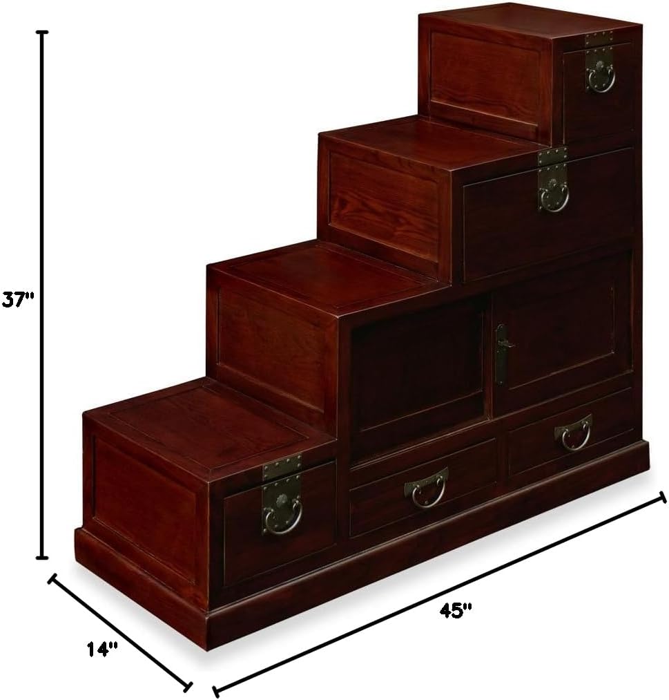 ChinaFurnitureOnline Hand Crafted japanese Style Elmwood Petite Step Tansu Chest - Dark Cherry