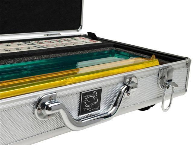 White Swan mAh Jongg - Ivory Tiles - Modern Pusher Arms - Wheeled Aluminum Case - Silver