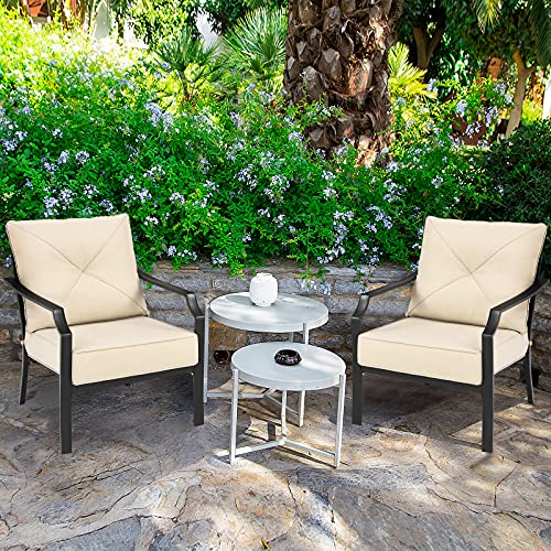 Giantex Set of 2 Patio Chairs, Outdoor Armchairs with Padded Cushions, Bistro Dining Chairs Iron-Frame Lawn Chairs for Porch Backyard Garden Balcony (Black & Beige)