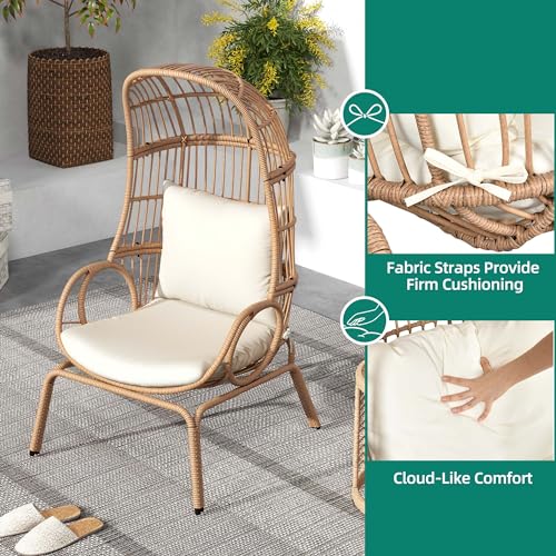 YITAHOME Outdoor Narrow Egg Chair, Patio Wicker Basket Chair with 370lbs Capacity Indoor Egg Chairs with Stand & Cushion Cocoon Chair for Bedroom, Patio, Balcony (Beige)