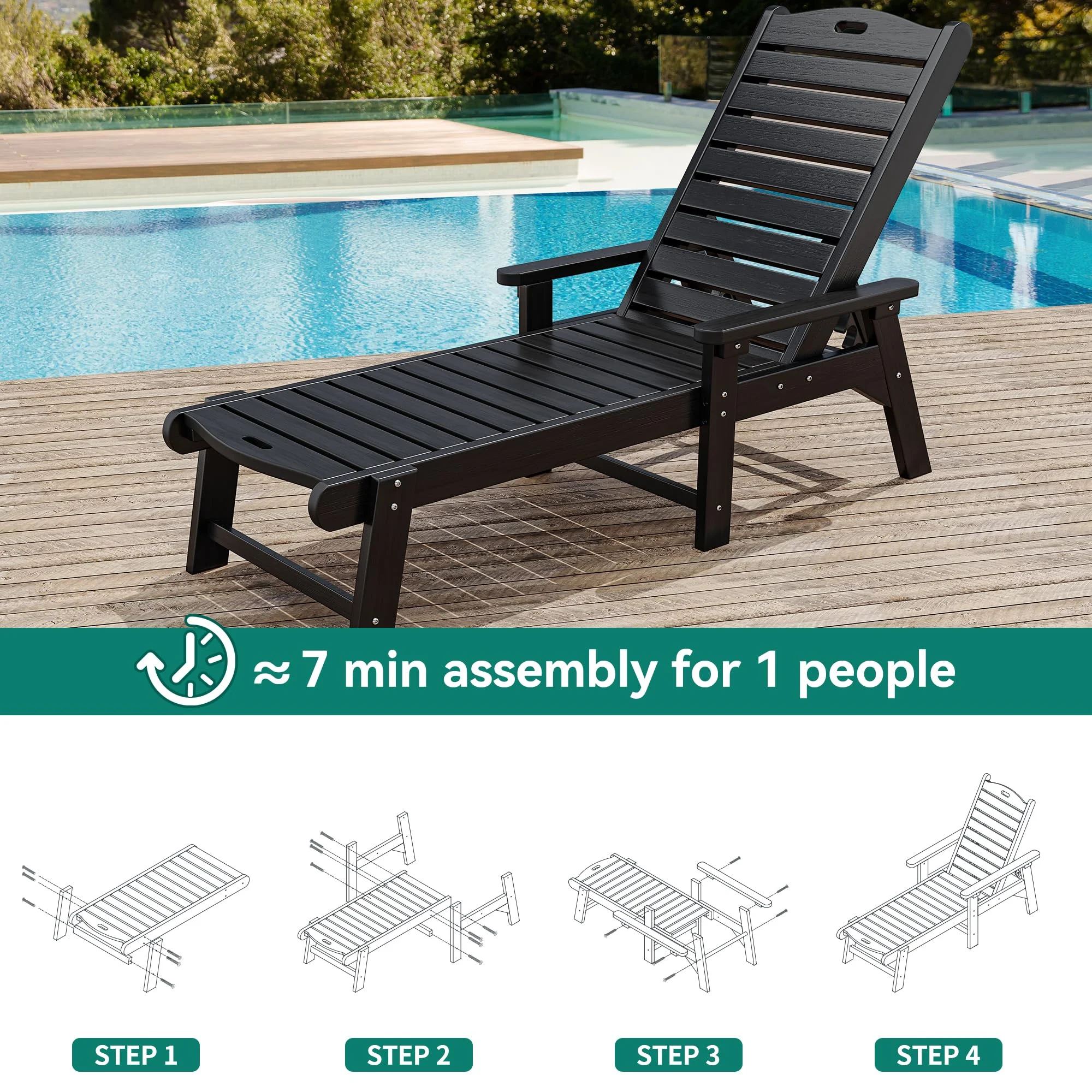 Dextrus Outdoor Chaise Lounge Chair with Adjustable Backrest, Heavy Duty Resin Patio Lounger with Wide Armrest and 350lbs Capacity for Outside Poolside Beach Backyard, Waterproof, Black