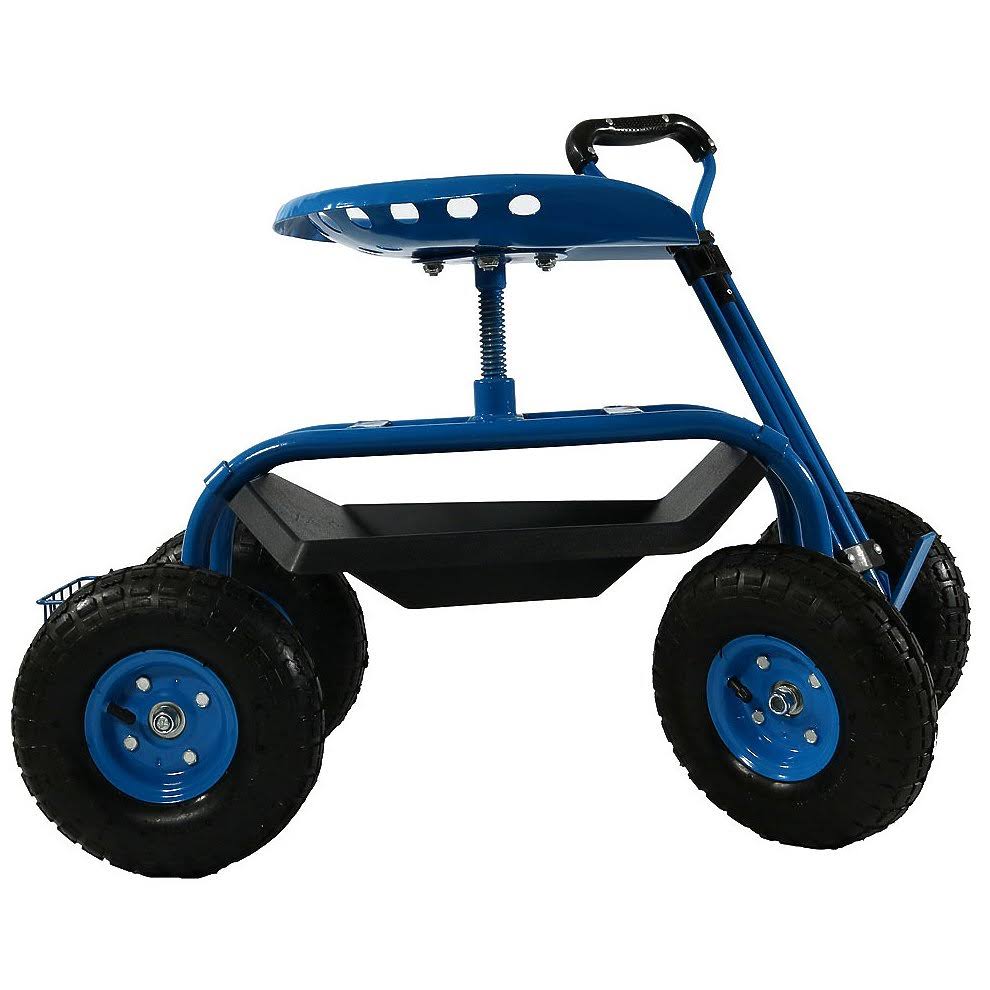 Sunnydaze Green Rolling Garden Cart with Extendable Steering Handle, Swivel Seat u0026 Basket