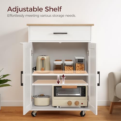 Kitchen Island on Wheels with Drop Leaf, Folding Countertop Kitchen Island Cart, Kitchen Island Table with Towel Rack, Drawer, for Kitchen, Dining Room, White and Natural KINW12501