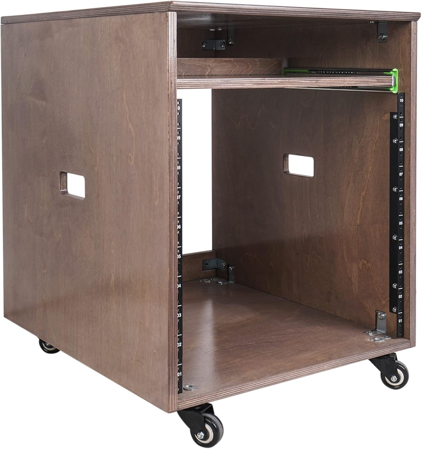 Sound Town 12U DIY Slanted Studio Rack with 12U Rack Space, Extra 2U Drawer, Plywood, Rubber Feet, Casters, Weathered Gray (SDRK-12TBD2)