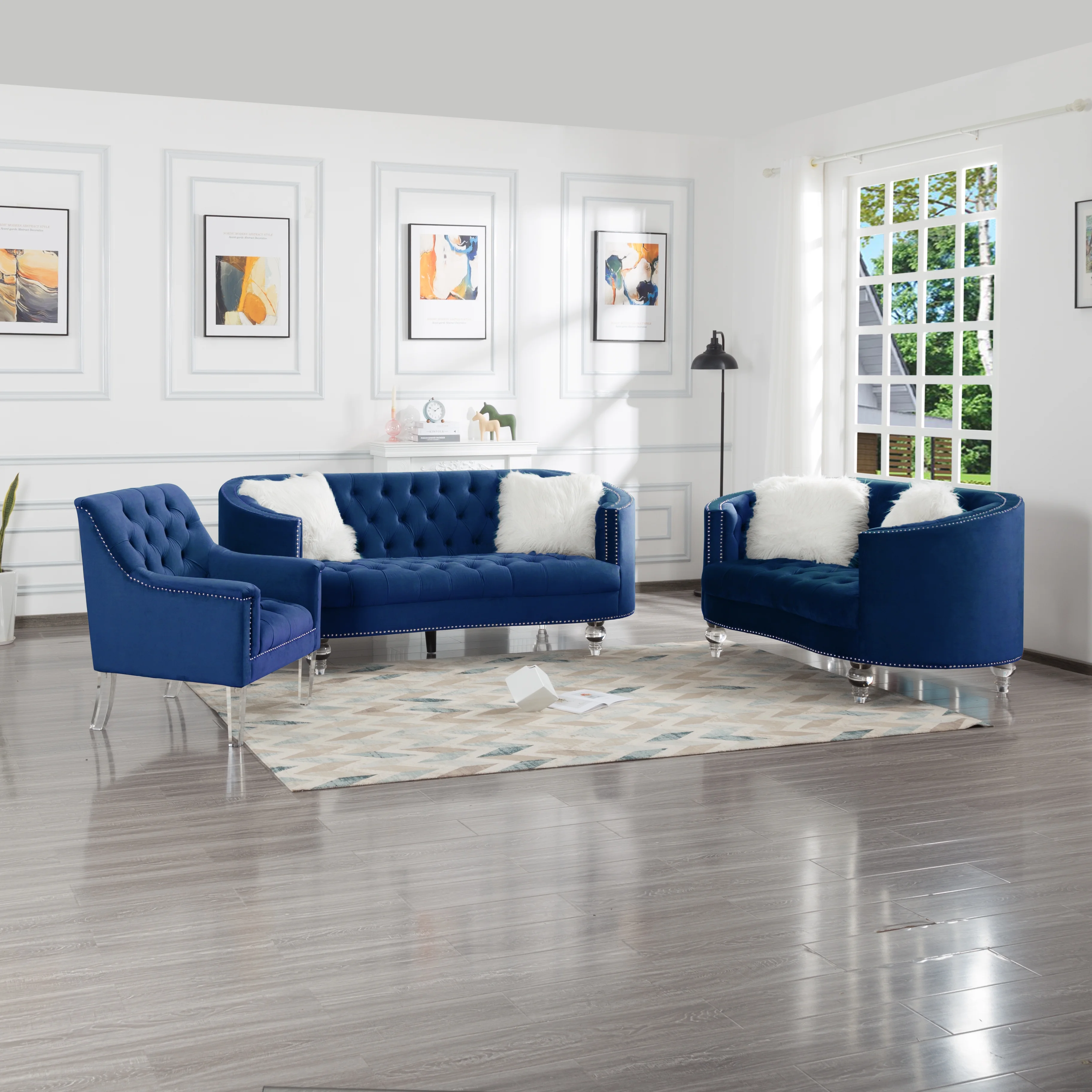 3 Piece Living Room Set Navy Blue Velvet